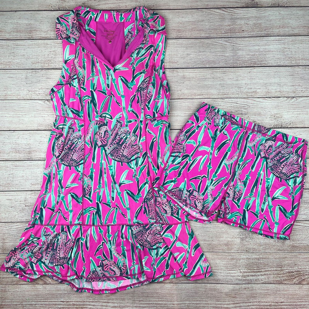Lilly Pulitzer Pink Green Blue Tropical Print Sleeveless Dress with Shorts